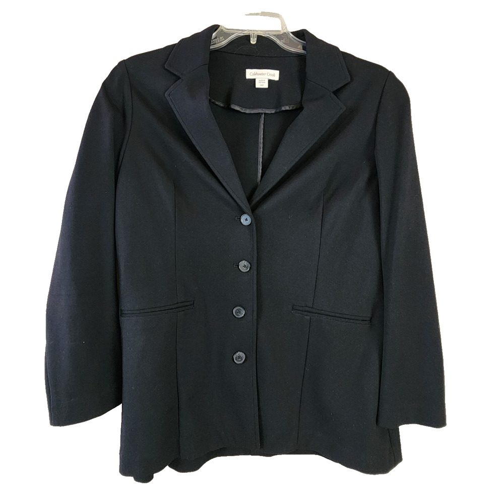 Coldwater Creek Black Blazer Women Size 14P Unlined Rayon 4-Button